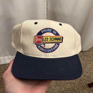 Vintage 80s Les Schwab Tires Agriculture Pride Snapback Hat Mens Cream Navy OSFA